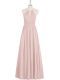 Inexpensive Baby Pink A-line Chiffon Halter Top Sleeveless Ruching Floor Length Zipper Prom Dress
