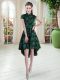 Lace High-neck Short Sleeves Zipper Appliques Prom Dress in Green