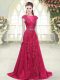 Pink Cap Sleeves Beading and Lace and Appliques Zipper Prom Evening Gown