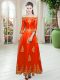 Pretty Orange Red A-line Lace Prom Party Dress Lace Up Tulle 3 4 Length Sleeve Floor Length