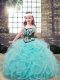 Gorgeous Aqua Blue Ball Gowns Tulle Straps Sleeveless Embroidery and Ruffles Floor Length Lace Up Girls Pageant Dresses