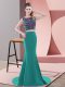 Beading Prom Gown Turquoise Backless Sleeveless Sweep Train