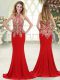 Suitable Red Mermaid Elastic Woven Satin Halter Top Sleeveless Beading and Lace Zipper Evening Dress Sweep Train