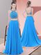 Chiffon Straps Sleeveless Sweep Train Backless Beading Evening Dress in Blue