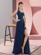 Classical Beading and Ruching Custom Made Navy Blue Backless Sleeveless Sweep Train