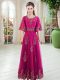 Nice A-line Fuchsia Scoop Tulle Half Sleeves Floor Length Lace Up