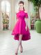 Tulle High-neck Short Sleeves Zipper Lace in Hot Pink
