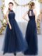 Adorable Navy Blue Lace Up High-neck Appliques Quinceanera Court Dresses Tulle Sleeveless