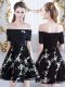 Black Quinceanera Court of Honor Dress Prom and Party and Wedding Party with Appliques Off The Shoulder Short Sleeves Lace Up