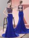 Satin Scoop Sleeveless Sweep Train Lace Up Beading Prom Dress in Royal Blue