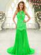 Flare Green Prom Dress Prom and Party with Lace Scoop Sleeveless Brush Train Backless