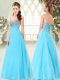 Fancy Floor Length Aqua Blue Prom Dress Tulle Sleeveless Beading