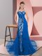 Amazing Blue Sleeveless Tulle Sweep Train Zipper Prom Gown for Prom and Party