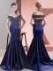 Unique Blue Evening Dress Prom and Party with Beading Off The Shoulder Sleeveless Sweep Train Zipper