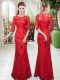 Cheap Red Mermaid Lace Prom Party Dress Zipper Half Sleeves Floor Length