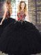 Elegant Floor Length Black Sweet 16 Quinceanera Dress Organza Sleeveless Embroidery and Ruffles