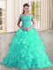 Hot Selling Turquoise Sleeveless Organza Sweep Train Lace Up Quinceanera Gown for Military Ball and Sweet 16 and Quinceanera