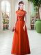 High-neck Cap Sleeves Prom Dress Floor Length Appliques Orange Red Tulle
