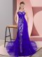 Customized Sleeveless Tulle Sweep Train Zipper Prom Dresses in Purple with Beading and Lace