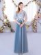 Dazzling Blue A-line Tulle V-neck Half Sleeves Lace Floor Length Lace Up Dama Dress
