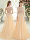 Champagne Empire Scoop 3 4 Length Sleeve Tulle Sweep Train Zipper Beading Homecoming Dress