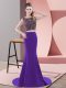 Flare Purple Satin Backless Prom Gown Sleeveless Sweep Train Beading