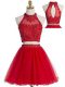 Glorious Tulle Halter Top Sleeveless Zipper Beading and Appliques Prom Dresses in Red