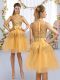 Cap Sleeves Tulle Knee Length Zipper Dama Dress for Quinceanera in Gold with Lace and Bowknot