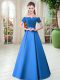 Off The Shoulder Short Sleeves Lace Up Blue Satin