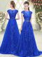 Dazzling Blue A-line Scoop Cap Sleeves Tulle Sweep Train Zipper Lace and Appliques Dress for Prom