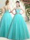 Superior Sleeveless Tulle Floor Length Zipper Prom Dresses in Aqua Blue with Beading