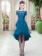 Fashion Tulle Off The Shoulder Short Sleeves Lace Up Appliques Evening Dress in Teal