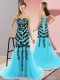 Hot Sale Aqua Blue Sweetheart Lace Up Appliques Party Dress Sweep Train Sleeveless