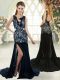 Excellent Navy Blue Backless Evening Dress Lace Sleeveless Brush Train