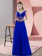 Captivating V-neck Sleeveless Prom Party Dress Sweep Train Beading and Pick Ups Blue Satin