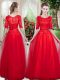 Half Sleeves Tulle Floor Length Lace Up Prom Party Dress in Red with Lace