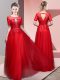 Fantastic Red Scoop Neckline Beading and Lace Prom Dresses Short Sleeves Backless