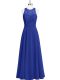 Edgy Scoop Sleeveless Prom Gown Floor Length Lace Royal Blue Chiffon