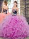 Beautiful Embroidery and Ruffles Quinceanera Gowns Lilac Lace Up Sleeveless Sweep Train