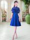 Attractive Cap Sleeves Satin Knee Length Lace Up Prom Gown in Royal Blue with Ruffled Layers