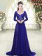 Royal Blue Backless Sweetheart Beading and Lace Prom Evening Gown Chiffon Long Sleeves Sweep Train