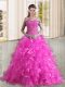 Sleeveless Organza Sweep Train Lace Up Quinceanera Dress in Fuchsia with Beading and Lace and Ruffles