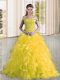 Sleeveless Beading and Lace and Ruffles Lace Up Quinceanera Gown with Yellow Sweep Train
