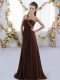 Delicate One Shoulder Sleeveless Court Dresses for Sweet 16 Brush Train Beading Brown Chiffon