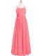 Classical Sleeveless Chiffon Floor Length Zipper Homecoming Dress in Watermelon Red with Pleated and Hand Made Flower
