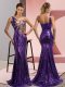Extravagant One Shoulder Sleeveless Sweep Train Beading and Appliques Purple Sequined