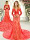 Red Mermaid Lace Backless Tulle Long Sleeves