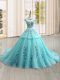 Glittering Aqua Blue Cap Sleeves Tulle Brush Train Lace Up 15 Quinceanera Dress for Military Ball and Sweet 16 and Quinceanera