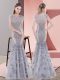 Custom Fit Beading and Lace and Hand Made Flower Prom Gown Grey Lace Up Cap Sleeves Floor Length