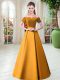 Superior Off The Shoulder Short Sleeves Prom Dresses Floor Length Belt Gold Satin